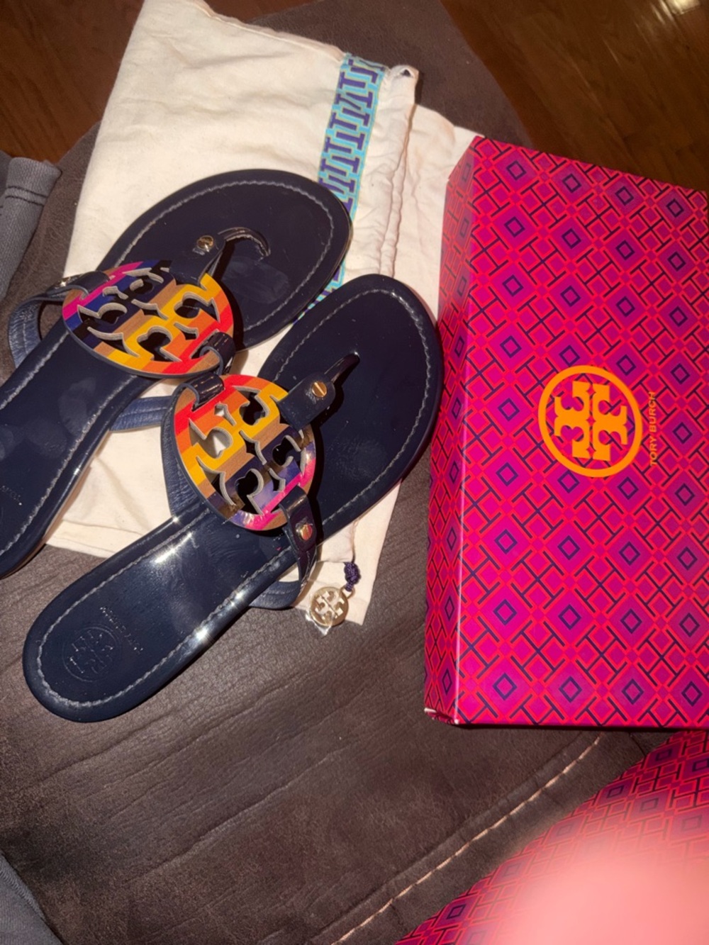 Tory Burch Navy Patent Sandals with Multicolor Logo Medallions